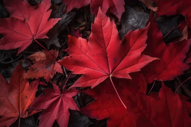 Hojas de arce rojas de otoño en el suelo del bosque