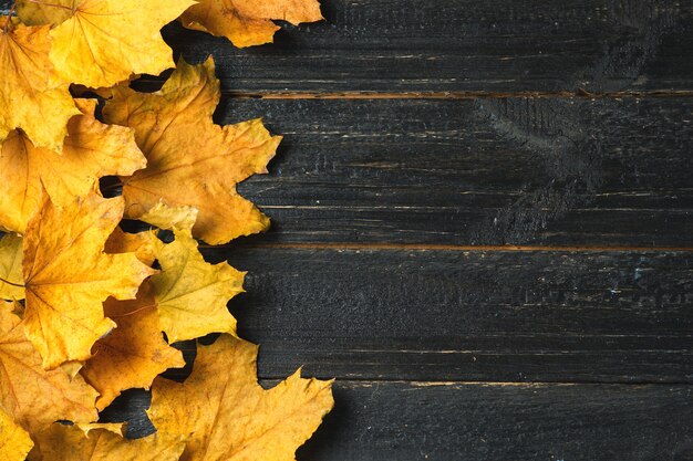 Hojas de arce seco otoño en mesa de madera