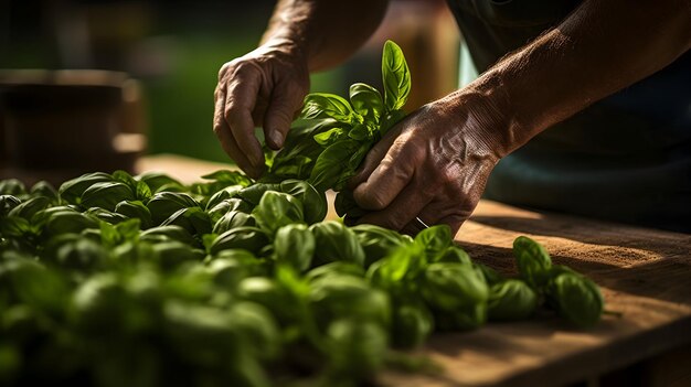 Las hojas aromáticas de la albahaca se cosechan con cuidado