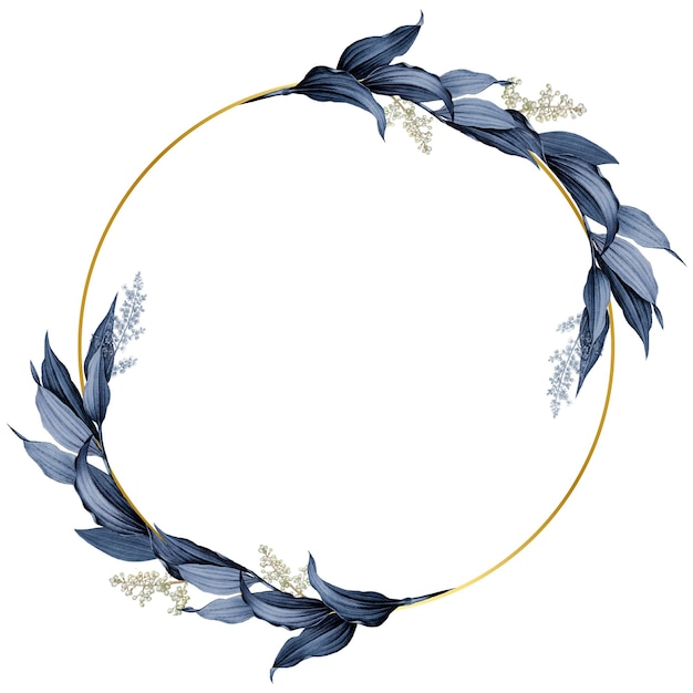 Hojas azules con elemento de diseño de marco redondo dorado