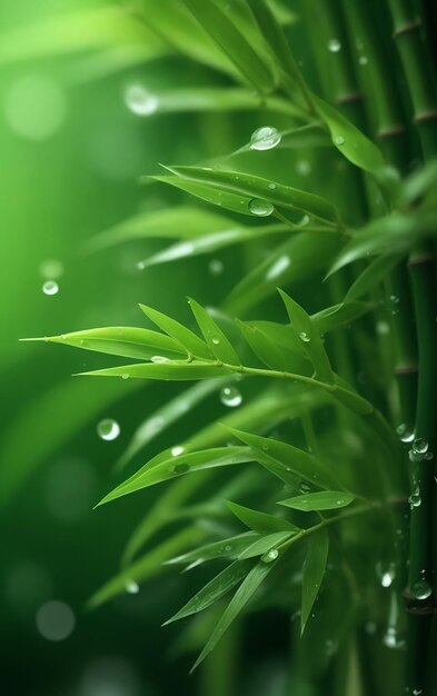 Las hojas de bambú de cerca con gotas de agua