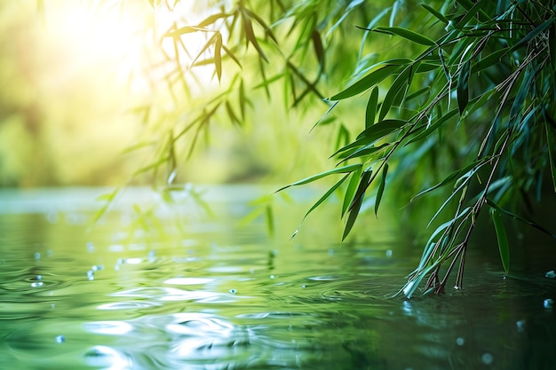 Foto hojas de bambú verdes sobre el concepto de meditación de agua soleada