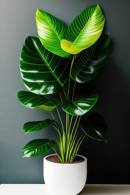 Hojas brillantes de color verde oscuro en forma de corazón de la planta de máscara africana Alocasia amazonica en el interior de la planta en maceta