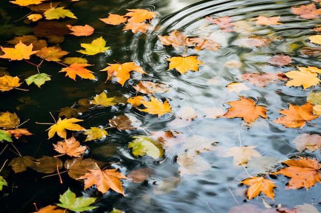 Las hojas caídas flotando en un estanque tranquilo