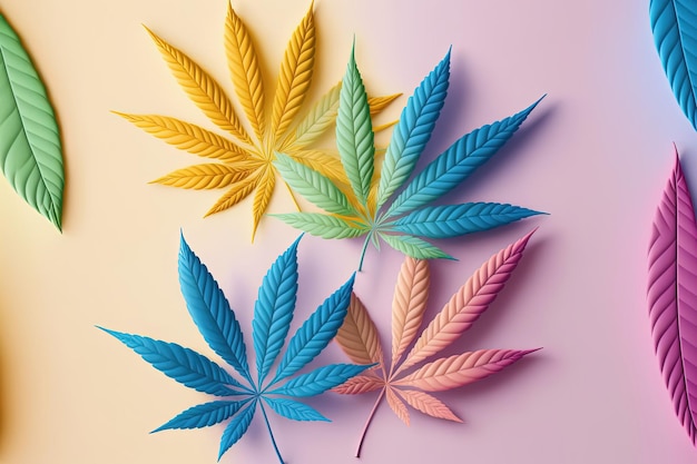 Hojas de cannabis coloridas sobre fondo rosa pastel IA generativa