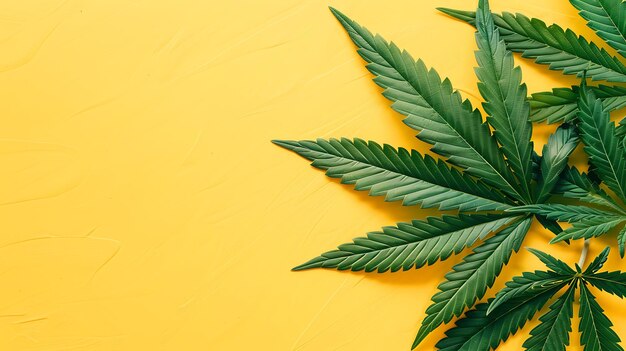 Hojas de cannabis en fondo amarillo Vista superior con espacio para copiar