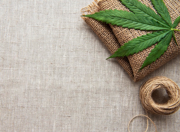 Hojas de cannabis sobre el fondo de tela de cáñamo gruesa