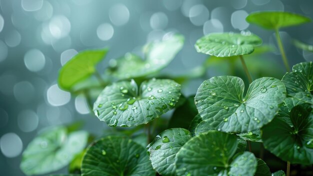 Foto hojas de centella asiatica en un estandarte de fondo verde plano para componentes de cosméticos coreanos