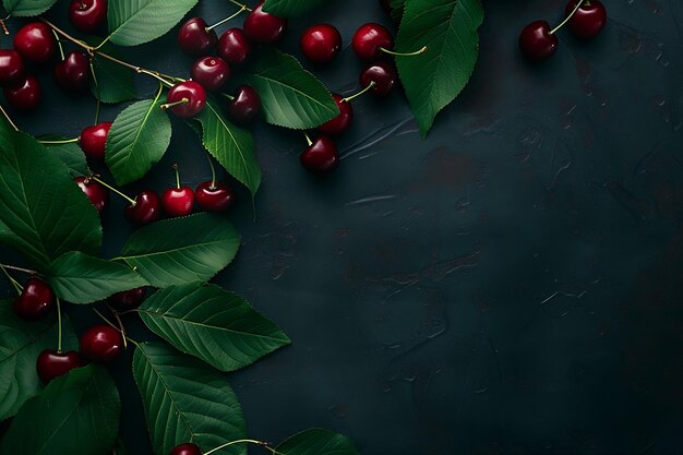 Foto las hojas de cereza descansan en la mesa oscura