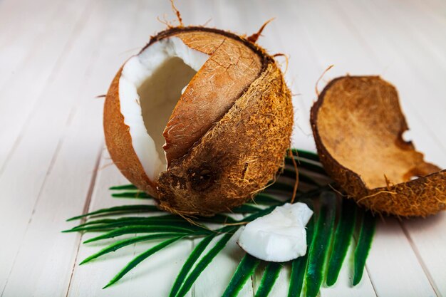 Hojas de coco y palma sobre un fondo blanco de madera.