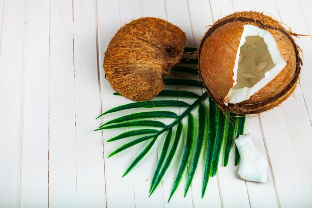 Hojas de coco y palma sobre un fondo blanco de madera.