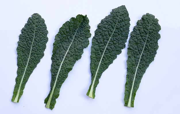 Hojas de col rizada verde orgánica fresca en blanco