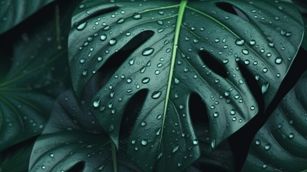 Hojas de color verde oscuro de Monstera Deliciosa con gotas de agua ai generativo