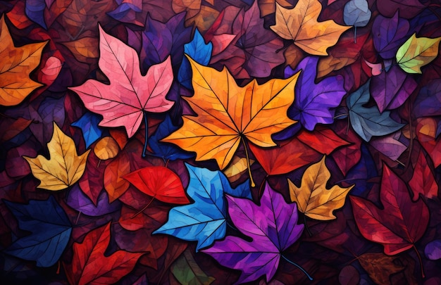 Hojas coloridas en el fondo del suelo en el estilo de una paleta de colores perfecta para el otoño AI creativa