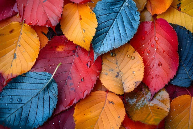 Hojas coloridas con gotas de agua IA generativa