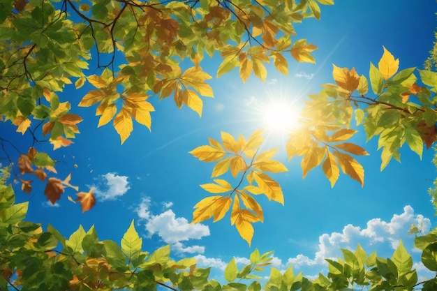 hojas contra el cielo azul con sol brillante fondo de cielo soleado sol y hojas fondo de pantalla fondo natural AI generativo