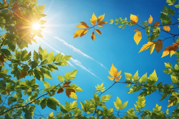 Foto hojas contra el cielo azul con sol brillante fondo de cielo soleado sol y hojas fondo de pantalla fondo natural ai generativo