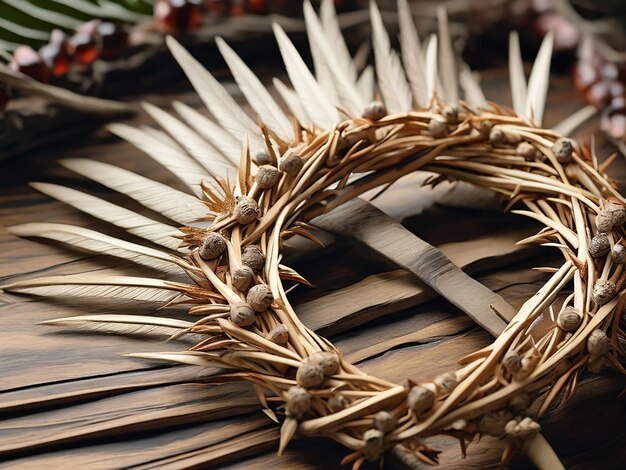 Foto hojas de cruz de madera y domingo de palma y día de pascua concepto de ia generativa