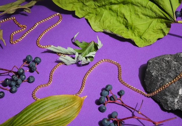 Hojas de diferentes formas y tamaños bayas piedra y larga cadena de oro Naturaleza lujosa y composición de joyas