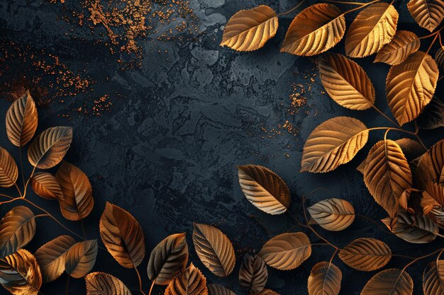 Foto las hojas doradas y negras de otoño se encuentran en una superficie decorativa oscura un lujoso fondo de otoño para tarjetas de felicitación calendarios pancartas espacio libre para texto