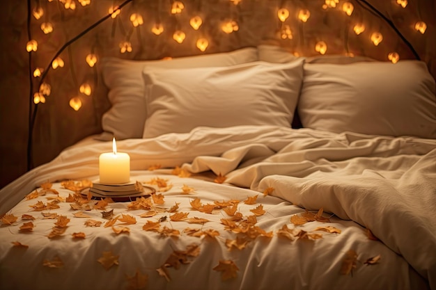 Las hojas doradas del otoño caen suavemente en cascada y una vela brilla sobre sábanas blancas inmaculadas