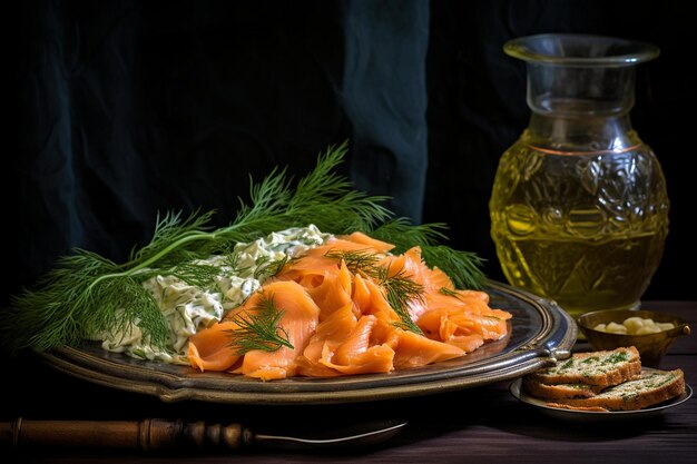 Foto hojas de eneldo enmarcando un plato de salmón ahumado