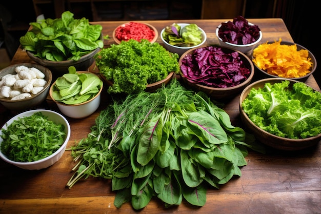 Hojas de ensalada mixta esparcidas sobre una mesa de madera