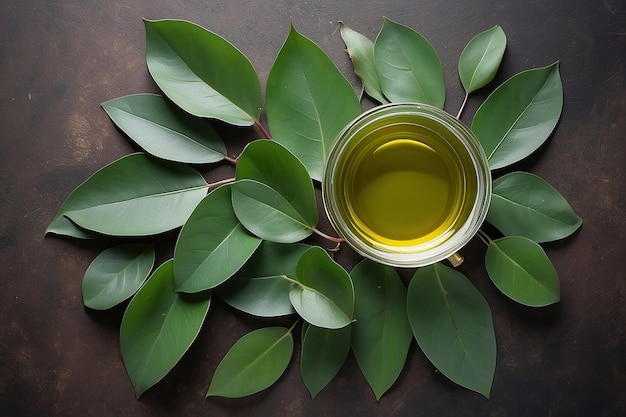 Hojas de eucalipto y aceite en la mesa