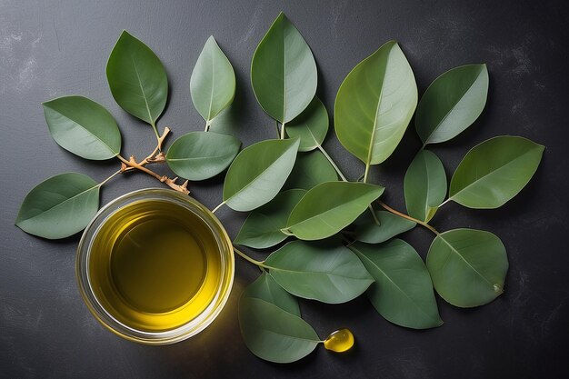 Hojas de eucalipto y aceite en la mesa