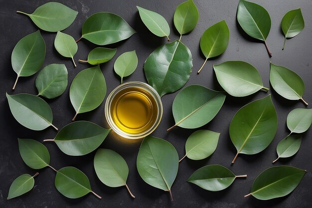 Hojas de eucalipto y aceite en la mesa