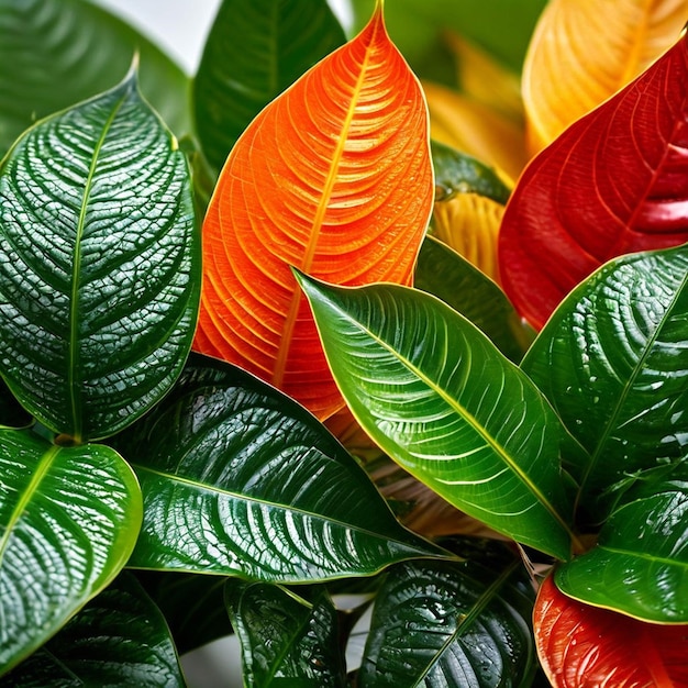 Hojas de ficus coloridas sobre un fondo blanco de primer plano