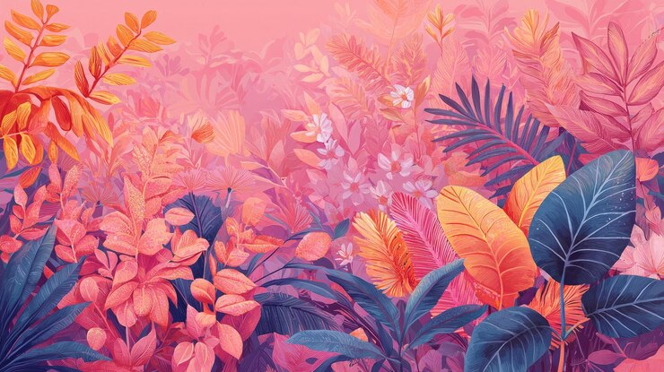 Hojas y flores tropicales abstractas en colores vibrantes sobre un fondo rosa Ilustración de arte digital