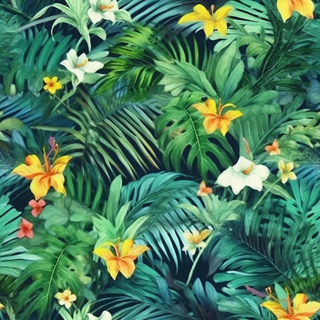 Las hojas y flores tropicales están pintadas en una ai generativa de estilo acuarela.