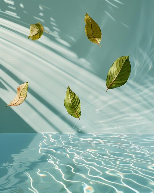 hojas flotando en el agua con un reflejo del sol detrás de ellos