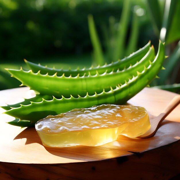 Hojas frescas de aloe vera y gel de aloe en frasco de vidrio sobre una mesa de madera