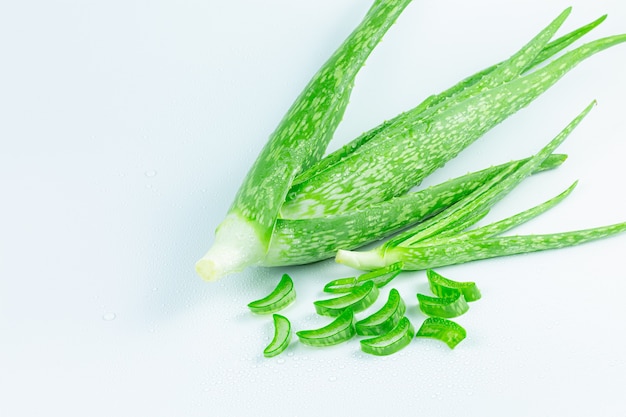 Hojas frescas de aloe vera con gel de aloe vera en cuchara medidora de madera