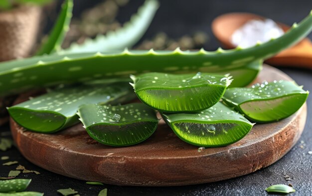 Foto hojas frescas de aloe vera en una tabla de madera