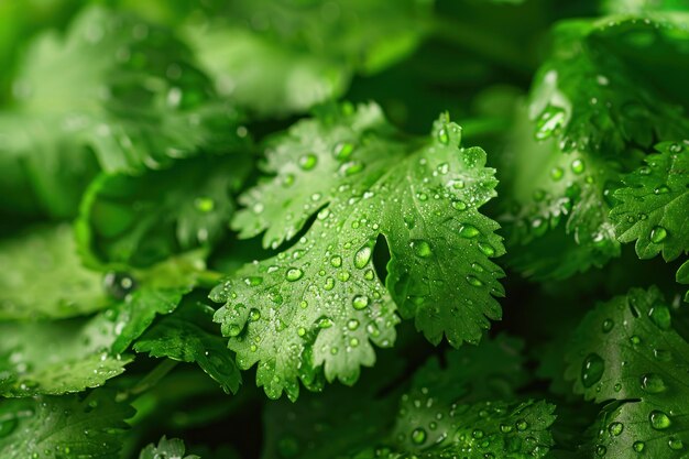 Hojas frescas de coriandra verde con gotas de agua sobre ellas