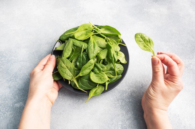 Hojas frescas de espinaca verde en un plato negro. Manos femeninas sosteniendo un plato y una hoja de espinaca en la mano.