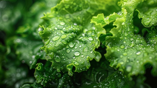 Hojas frescas de lechuga verde con gotas de agua de primer plano Fondo natural