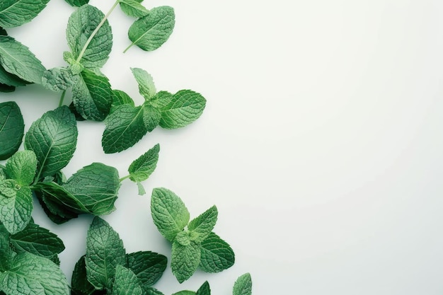 Hojas frescas de menta verde sobre un fondo blanco