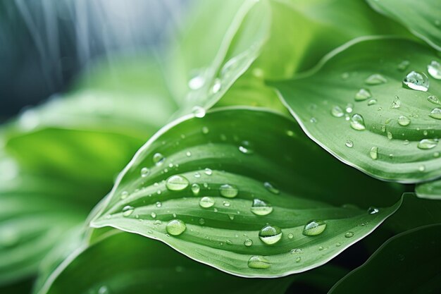 Hojas frescas de plantas de hosta después de la lluvia con gotas de agua generadas por IA