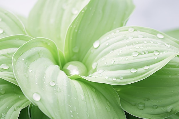 Hojas frescas de plantas de hosta después de la lluvia con gotas de agua generadas por IA