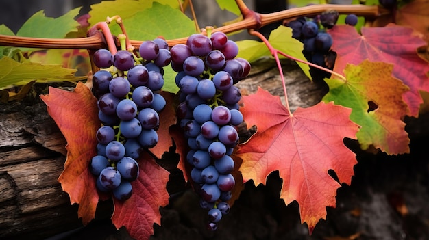 Las hojas frescas de la uva adornan el viñedo celebrando la fructífera cosecha de otoño