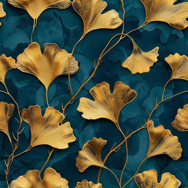 Las hojas de Gingko doradas en azul azul