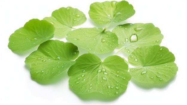 hojas de gotu kola frescas con gotas de agua aisladas