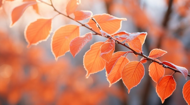 Hojas de haya anaranjadas cubiertas de escarcha a finales de otoño o principios de invierno
