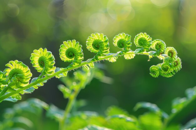 Hojas de helecho de avestruz verde a la luz del sol En primer plano del brillante follaje de primavera en la naturaleza