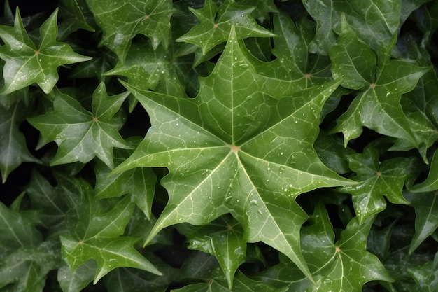 Hojas de hiedra verde con gotas de agua Fondo natural Cerrar