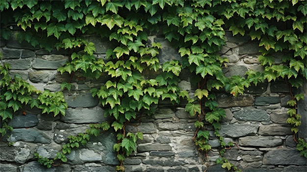 Foto hojas de hiedra verde en una pared de piedra fondo verde natural